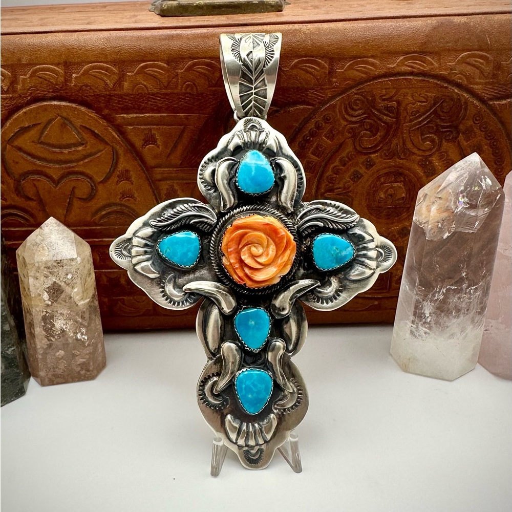 SOLD -Native American jewelry sterling silver turquoise cross pendant 925 Navajo